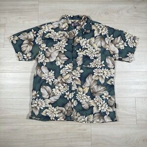 Chaps Ralph Lauren Shirt Mens Large Camp Loop Collar Floral Cotton Vintage Green
